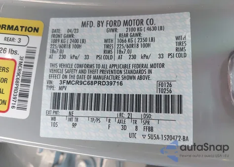 2023 Ford Bronco Sport Outer Banks z USA, uszkodzony, nr VIN 3FMCR9C68PRD39716